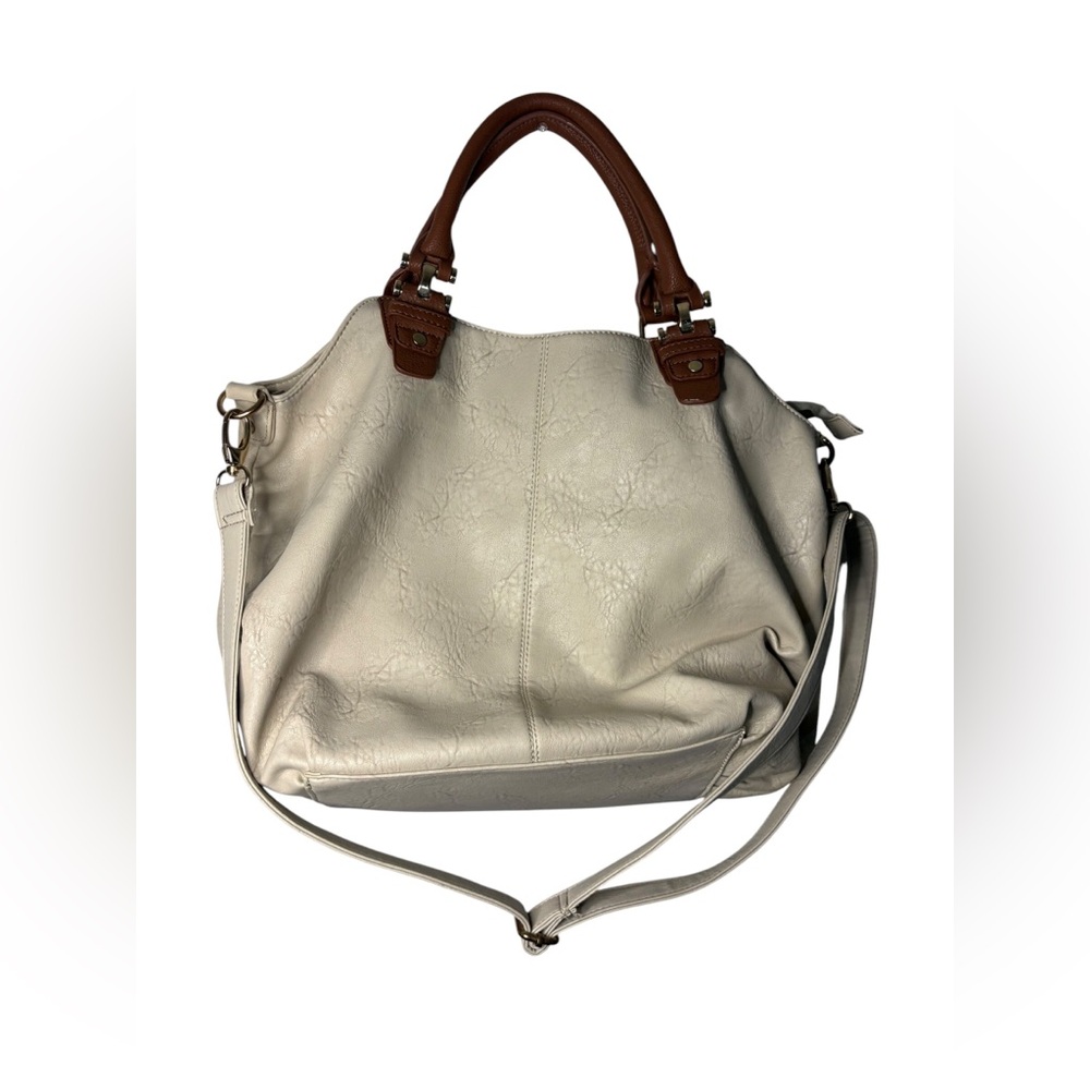 Cream Tote Bag with Contrast Brown Handles and Removable Strap